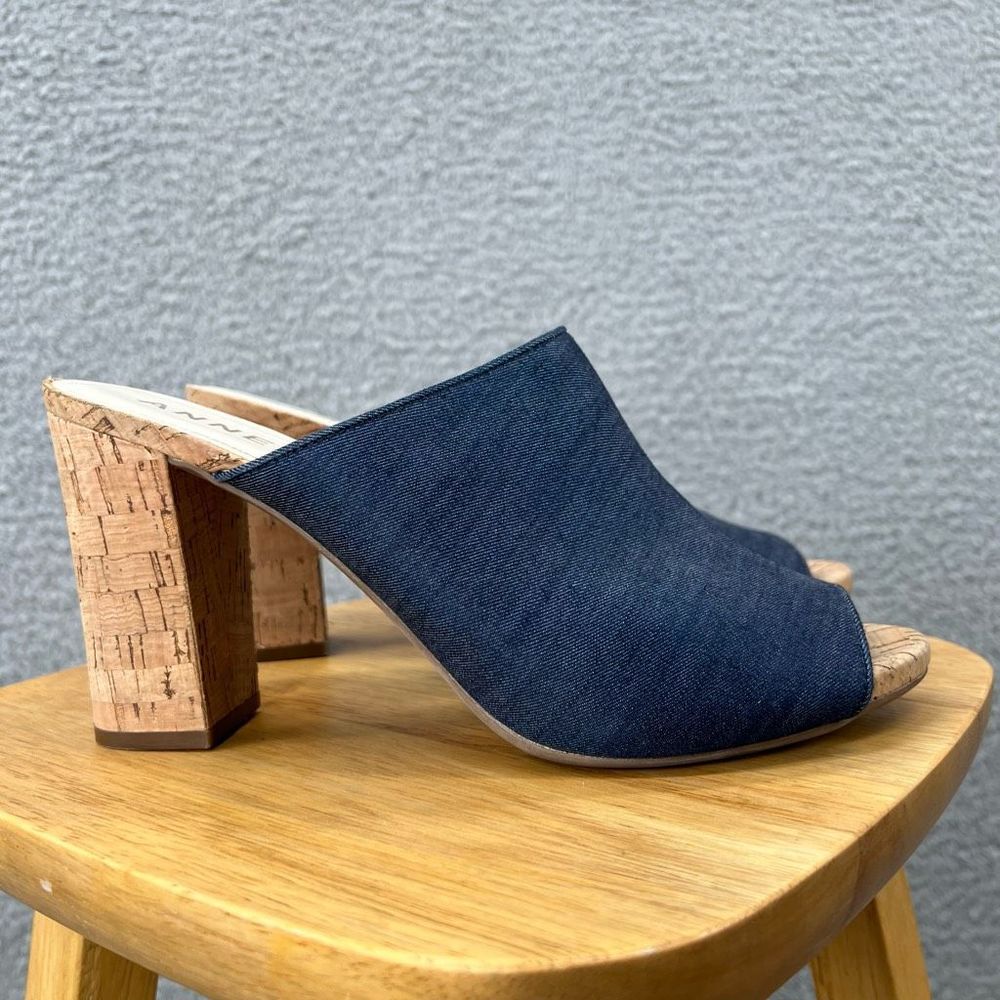 Anne Klein Cork Heels Size 10M Slides Mules Open Peep Toe Spring Summer Denim - Picture 8 of 10